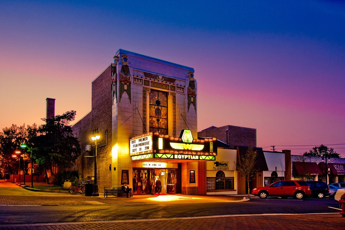 Downtown DeKalb at dusk, with the Egyptian Theatre